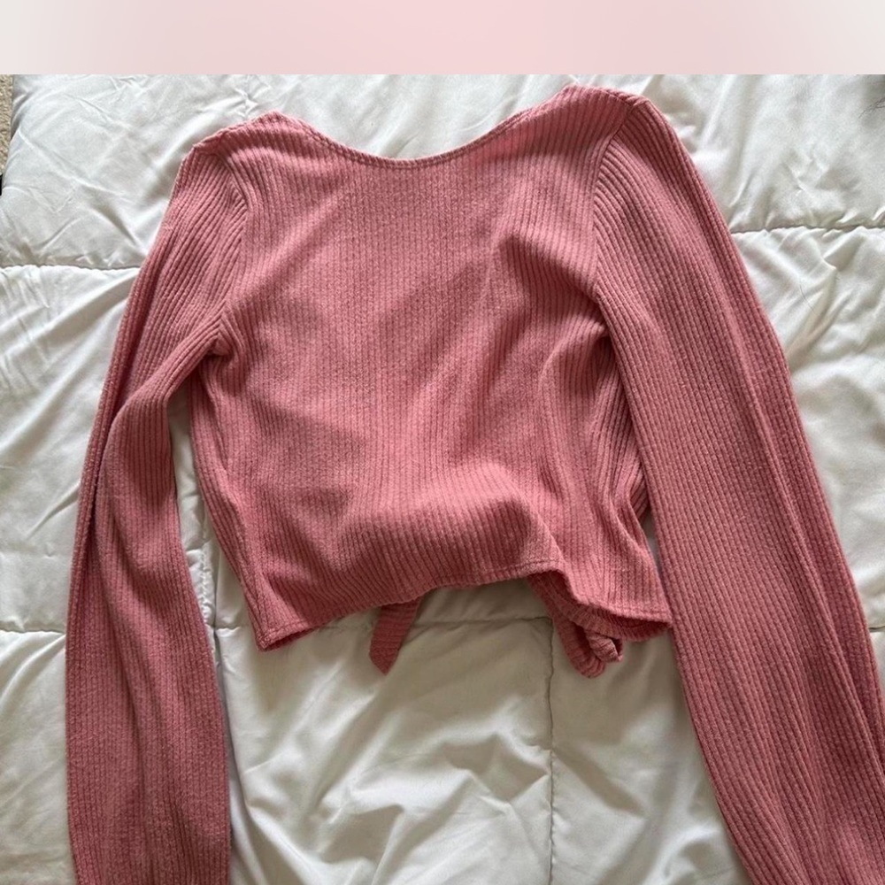 Pink Ribbed Tie-Front Top - Picture 2 of 3